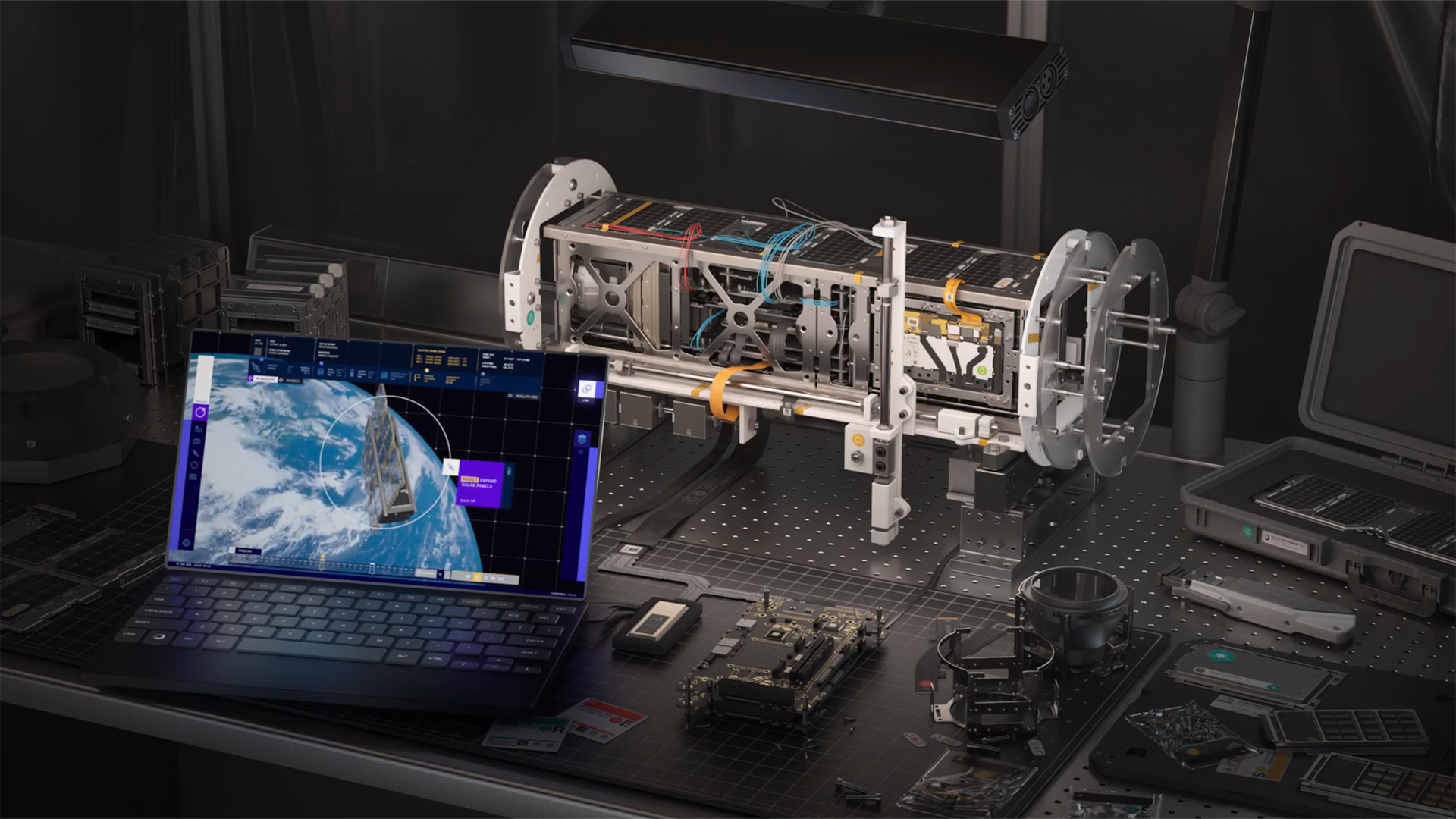 Satellite next to digital twin version on screen